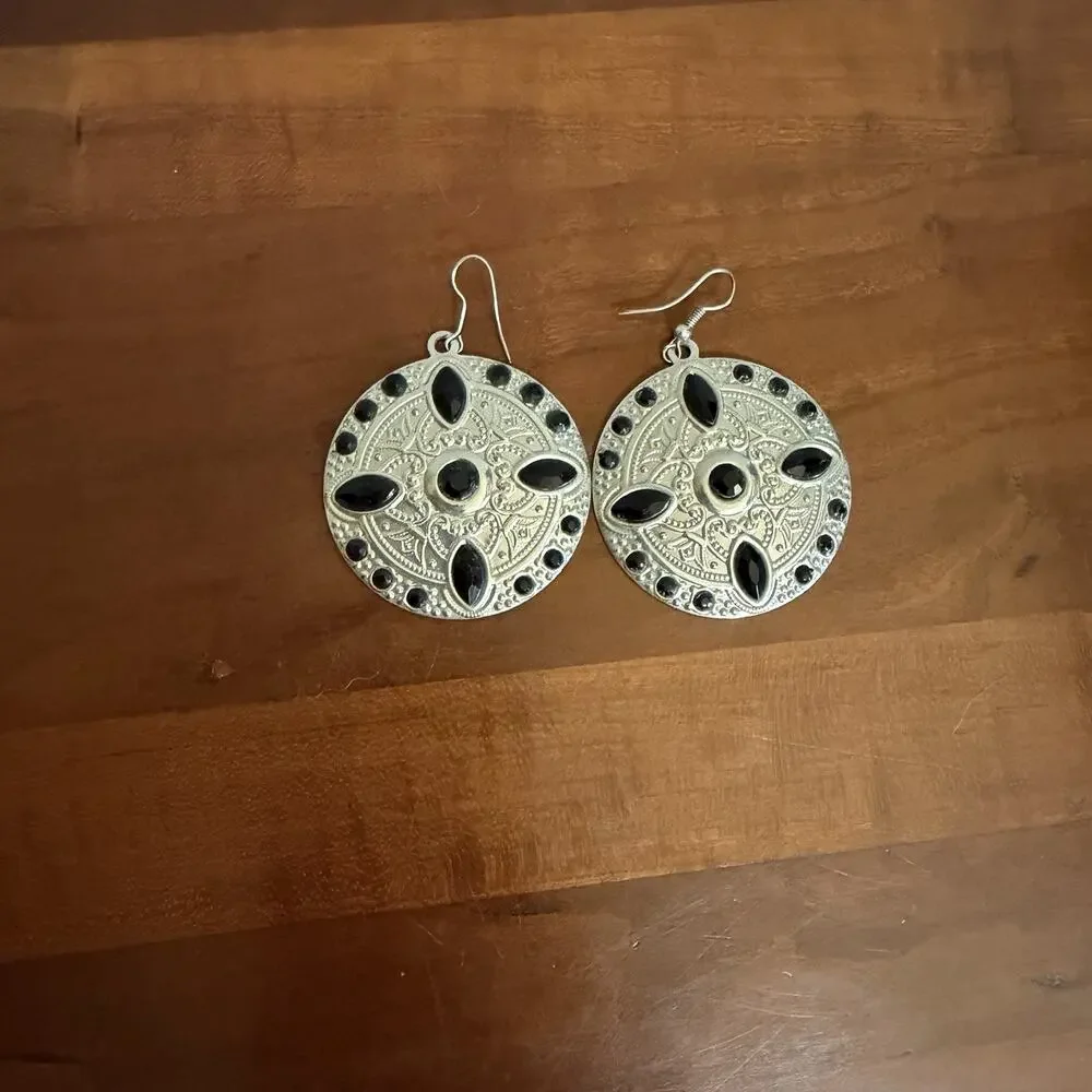 Silver Tone Metal Black Beaded Embossed Disk Dangle Earrings